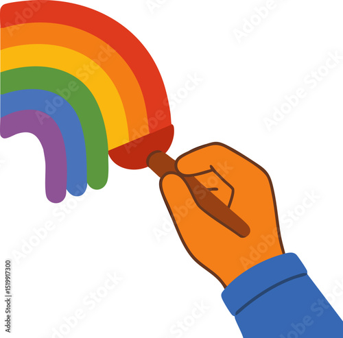 Hand painted rainbow illustration, hand in blue sleeve holding brush drawing