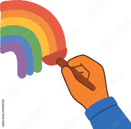 Hand painted rainbow illustration, hand in blue sleeve holding brush drawing