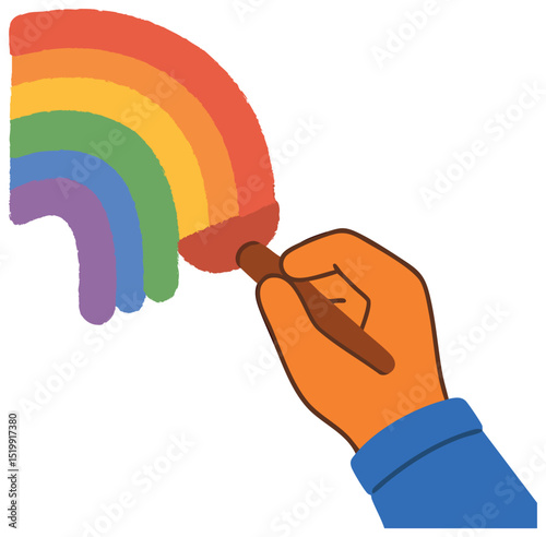 Hand painted rainbow illustration, hand in blue sleeve holding brush drawing sticker
