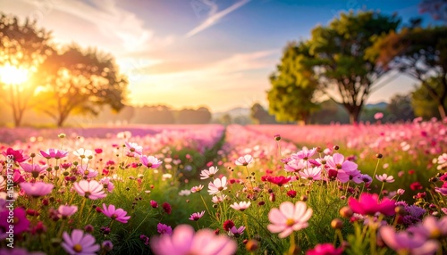 A Beautiful Field of Cosmos Flowers in the Sunshine