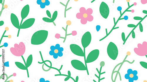 Whimsical seamless pattern featuring flowers leaves and berries perfect for springtime designs.