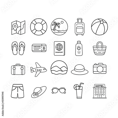 Set of 20 travel and vacation vector icons in a line style. Clean, colorless design. Ideal for illustrating travel blogs, websites, and promotional materials.