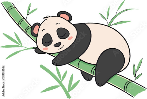 Bright vector cartoon of a cute panda sleeping peacefully on a green bamboo tree, great for nursery posters, wildlife education, animal stories, or calm and relaxing children’s graphics