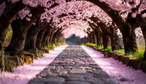 A path through a tunnel of cherry blossom trees