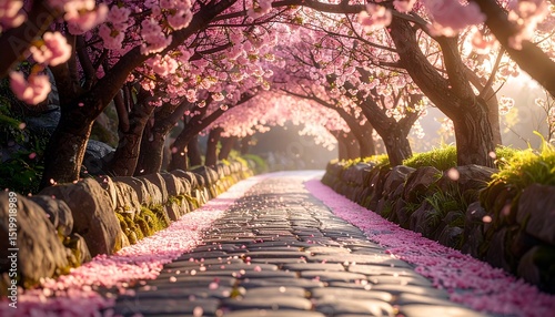 The Path of Blossoms under Cherry Tree Canopy View