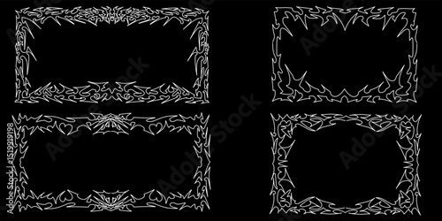 Neo Tribal frame collection. Cyber sigilism elements, gothic y2k sharp spikes sphere, square, rectangle