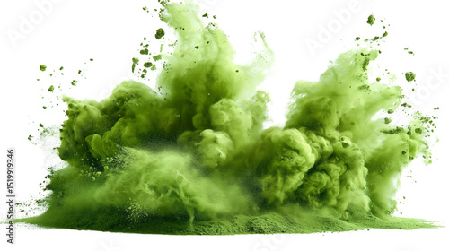 Dynamic green powder explosion isolated on transparent PNG. . Energetic cloud dispersal with rich texture. Ideal for eco-themed campaigns, packaging, or digital compositions.

