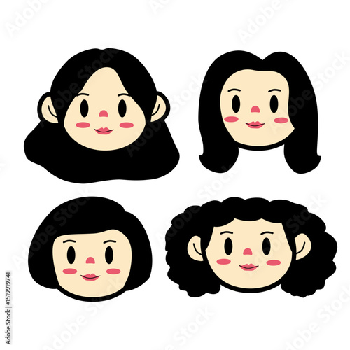Set collection of cute women cartoon faces with different hairstyle