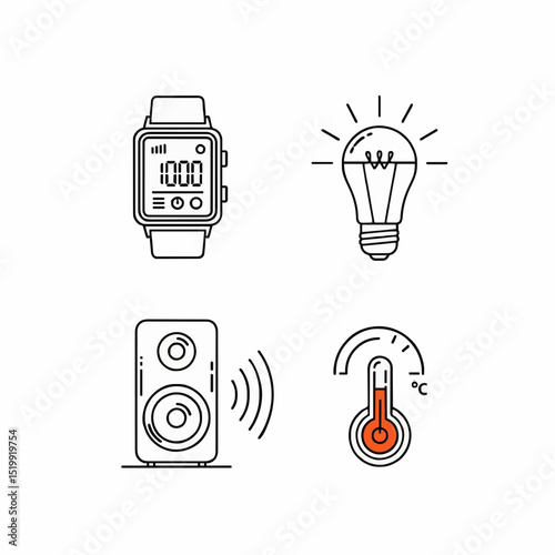 smart device icons including a watch, light bulb, speaker, and thermometer showcasing technology and Internet of Things concept.
