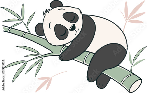 Adorable vector cartoon of a sleeping panda on a bamboo tree surrounded by light bamboo leaves, perfect for nursery art, wildlife illustrations, or peaceful children’s graphics