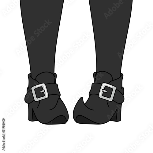 Cartoon Witch Shoes Icon Flat Design Black Pointed Pair Showcasing Silver Buckles For Halloween Costume Footwear
