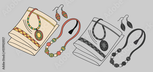 Elegant illustration showcasing colorful and monochromatic necklaces with matching leaf earrings alongside decorative cloths against gray backdrop.