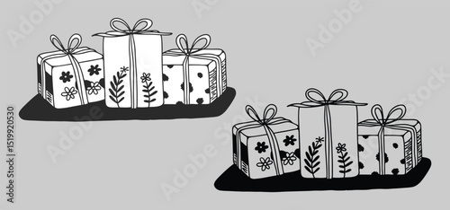 Hand drawn illustration of several gift boxes tied with bows and decorated with floral and dotted patterns