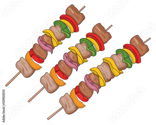 Grilled Meat Skewers with Bell Peppers on White Background