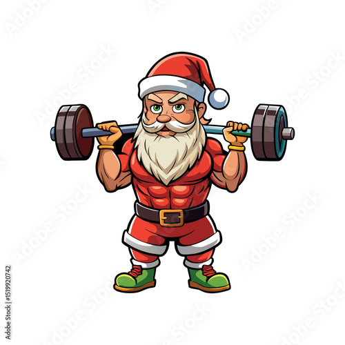 Funny Christmas Santa Claus cartoon character gym illustration with a gym dumbbell