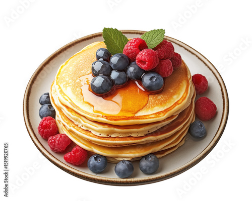 Wallpaper Mural Delicious pancakes with syrup, raspberries and blueberries on transparent background Torontodigital.ca