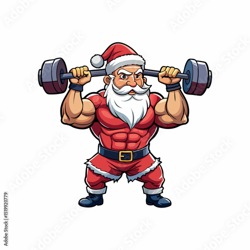 Funny Christmas Santa Claus cartoon character gym illustration with a gym dumbbell