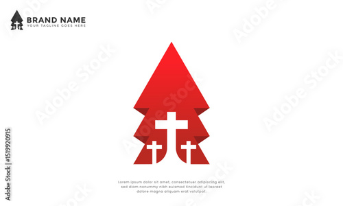 Christian Cross Pine Logo. Modern logo combine christian cross with pine tree. Perfect for churches, faith based nature retreats, ministries, or Christian camps.
