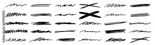 Hand-drawn underline highlighting lines. Rough scribbles for undoing and corrections. Grunge brush strokes. Freehand divider line vector illustration.