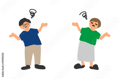 やれやれとお手上げ状態の困った男女のイラスト