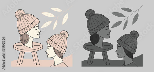 Minimalist illustration featuring two women in beanies on stools with leaf accents in neutral color palettes
