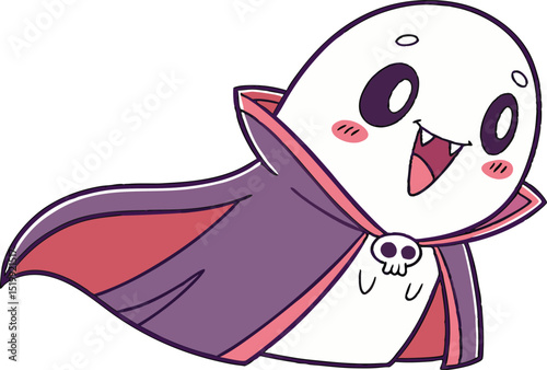 Funny vector cartoon of a flying ghost in a vampire costume with fangs and skull clasp, ideal for Halloween-themed content, kids party decor, and spooky character illustrations