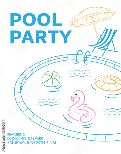 Minimalist illustration of pool party with beach umbrella, chaise lounge, flamingo inflatable ring and ball. Vector design for summer, holiday and resort cards.