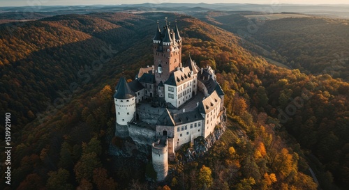 Majestic aerial view of a medieval castle nestled within an autumn forest