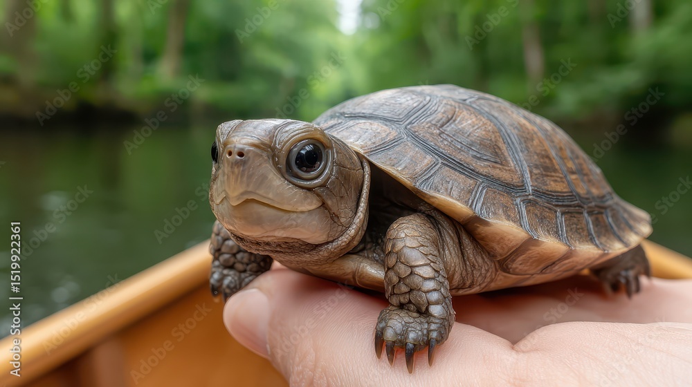 Naklejka premium Happy people kayaking with a pet turtle in nature eco travel adventure lush green environment
