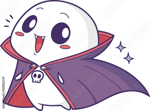 Adorable cartoon vector of a smiling ghost dressed as a vampire with cape and skull clasp, perfect for Halloween cards, spooky children’s illustrations, and seasonal party designs photo