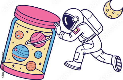 Whimsical vector cartoon of an astronaut pushing a jar filled with planets and stars under a crescent moon, perfect for imaginative space-themed children’s illustrations or sci-fi projects