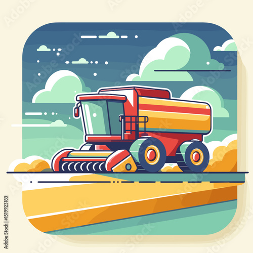 Colorful potato harvester moving through field against sky with clouds