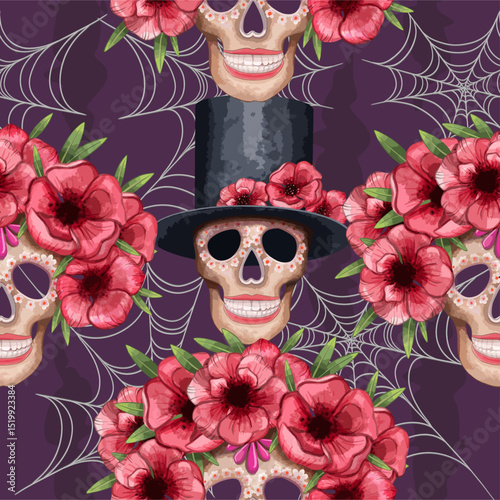 Watercolor Día de los Muertos Pattern with Floral Skulls on Dark Background
Seamless pattern featuring vibrant watercolor sugar skulls and colorful flowers on a dark background. Perfect for themed tex