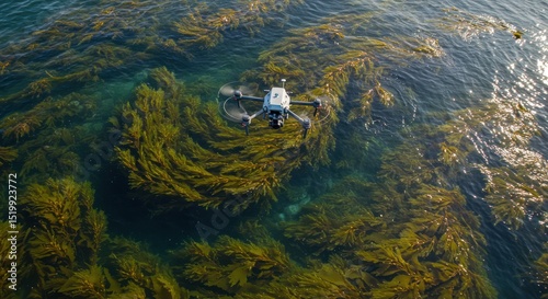 Drone hovering over a kelp forest, capturing unique aerial perspective footage