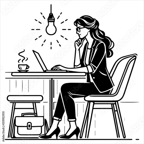 Black and White Outline Vector of Person Working with Laptop in Cafe – Minimal Creative Concept