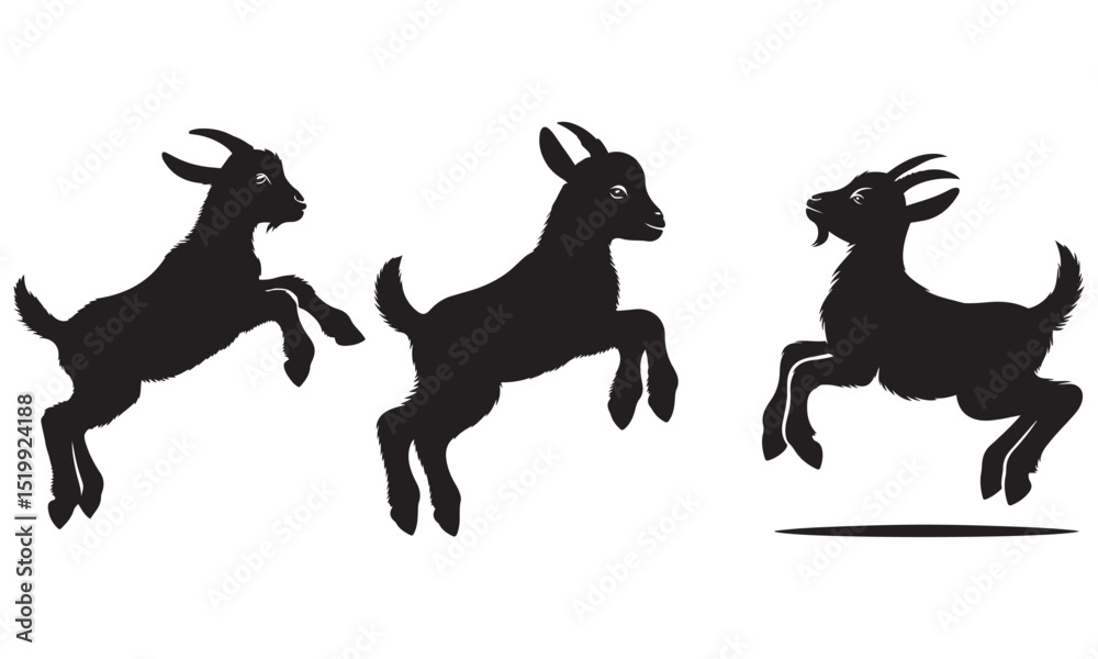 Black vector silhouettes of wild baby goat depict a dynamic equestrian and farm animal illustration Black vector silhouettes of wild baby goat depict a dynamic equestrian and farm animal illustration