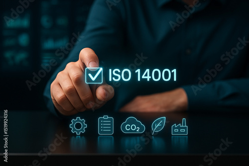 ISO 14001 Environmental Management System EMS interface with illuminated holographic display and environmental icons for sustainable compliance and smart industrial tracking..