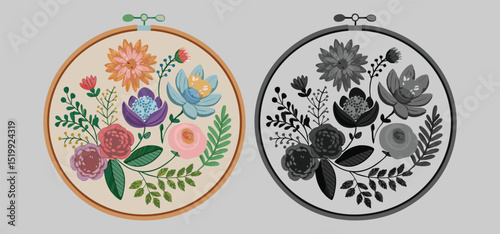 Vibrant floral embroidery design featuring colorful flowers and foliage in a detailed hand drawn style.
