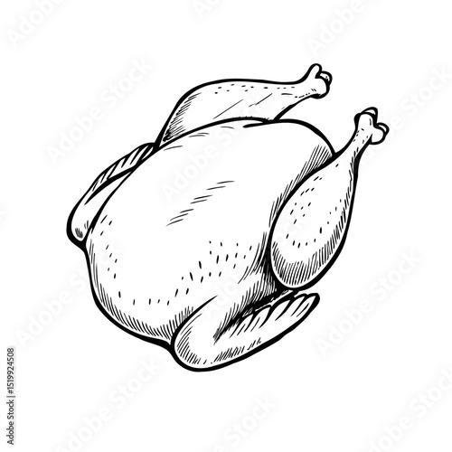Raw whole chicken with visible skin and legs, presented on a plain background. Ideal for culinary or food-related themes.