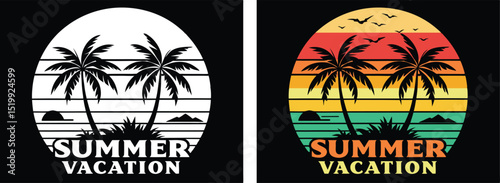 Enjoy Summer Vacation Retro Palm Tree Sunset Design, Colorful Summer Travel T-Shirt Art with Retro Vibes. Retro Sunset Palm Trees Summer Vacation Graphic Vector Design.