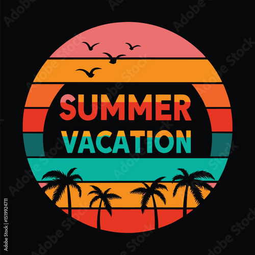 Enjoy Summer Vacation Retro Palm Tree Sunset Design, Colorful Summer Travel T-Shirt Art with Retro Vibes. Retro Sunset Palm Trees Summer Vacation Graphic Vector Design.