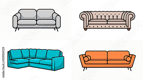 Set of vector illustration icons featuring sofas in bright, vibrant colors. The style modern and playful with clean lines and smooth shapes