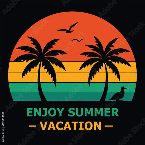 Enjoy Summer Vacation Retro Palm Tree Sunset Design, Colorful Summer Travel T-Shirt Art with Retro Vibes. Retro Sunset Palm Trees Summer Vacation Graphic Vector Design.