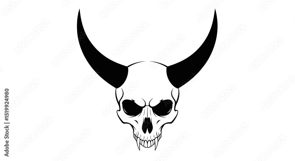 Fototapeta premium Black Skull with Prominent Horns Isolated on White Background Exuding a Menacing Aura