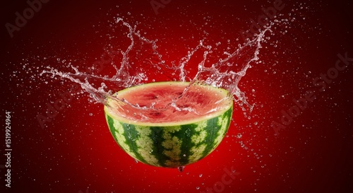 A suspended watermelon explodes, sending spherical droplets flying against a blood-red background, showcasing explosive flavor.