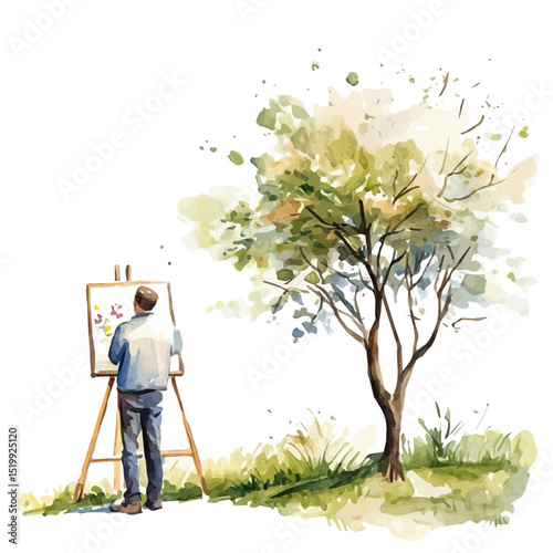 Artist Painting Spring Outdoors, watercolor illustration vector, high quality, isolated on a white background.