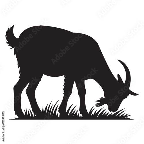 Black vector silhouette illustration of a goat eat grass