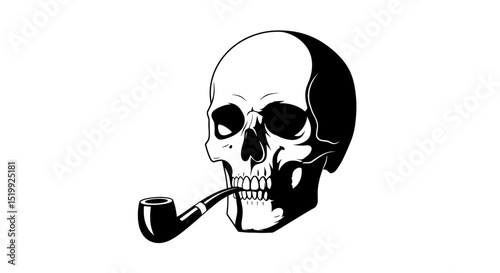 Monochrome Skull Artwork Featuring Pipe Symbolizing Mortality and Vintage Style Isolated on White Background