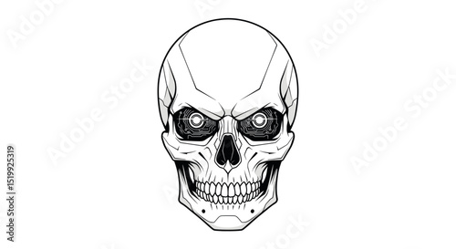 Illustration of a Detailed Skull with Hollow Eye Sockets and Sharp Teeth Isolated on White Background