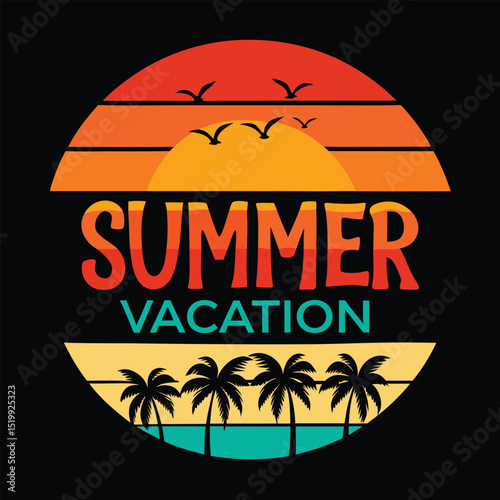 Enjoy Summer Vacation Retro Palm Tree Sunset Design, Colorful Summer Travel T-Shirt Art with Retro Vibes. Retro Sunset Palm Trees Summer Vacation Graphic Vector Design.